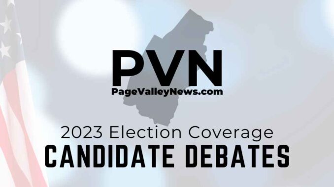 Text reads: PVN Page Valley News.com 2023 Election Coverage. Candidate Debates.