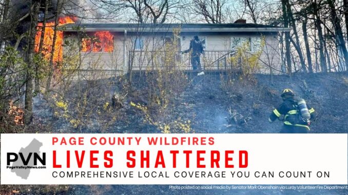 Page Valley News graphic: Local firefighters and first responders run toward house on fire during the outbreak of wildfires on Wednesday, March 20. Text reads "Page County Wildfires" "Lives shattered"